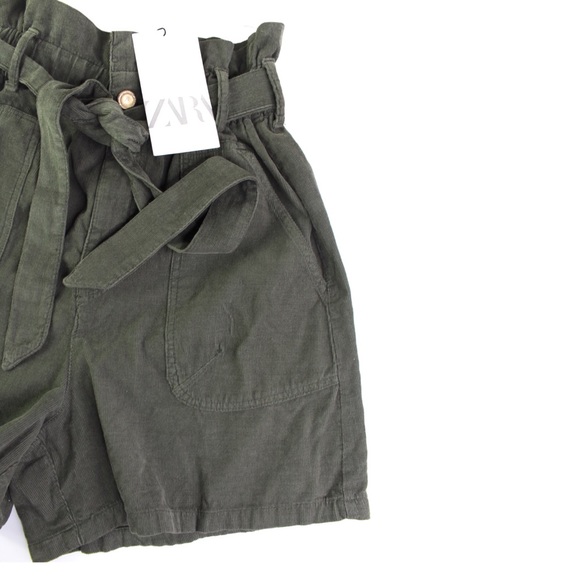 Zara NWT Baggy Paperbag Corduroy Green Tie Shorts 32/ 00 - Picture 12 of 12